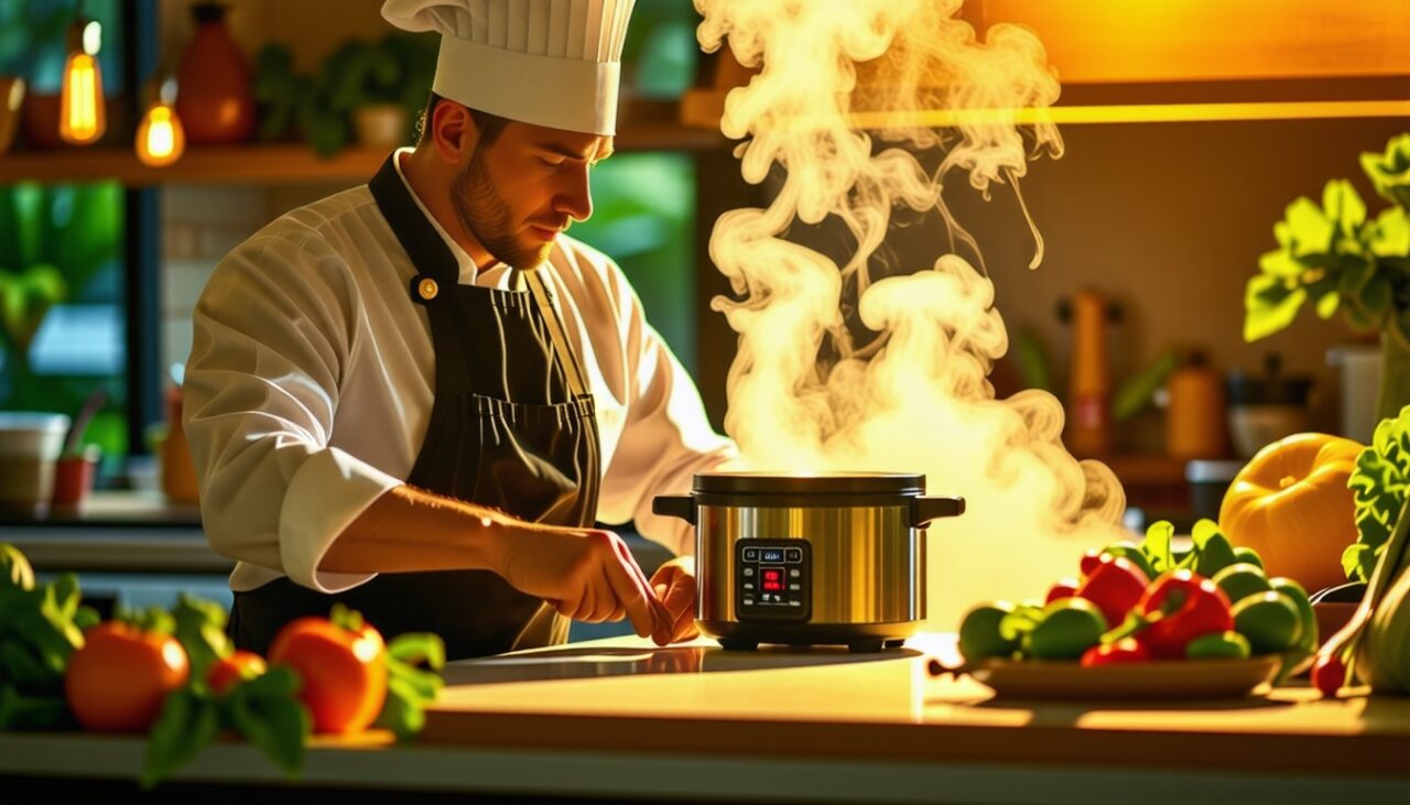 Un chef utilisant un multicuiseur pour pr&eacute;parer un repas dans une cuisine lumineuse, entour&eacute; de l&eacute;gumes color&eacute;s, avec de la vapeur s'&eacute;chappant de l'appareil.
