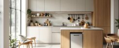 Cuisine contemporaine lumineuse et épurée, avec une poubelle intégrée dans un meuble bas et une circulation fluide entre les espaces.