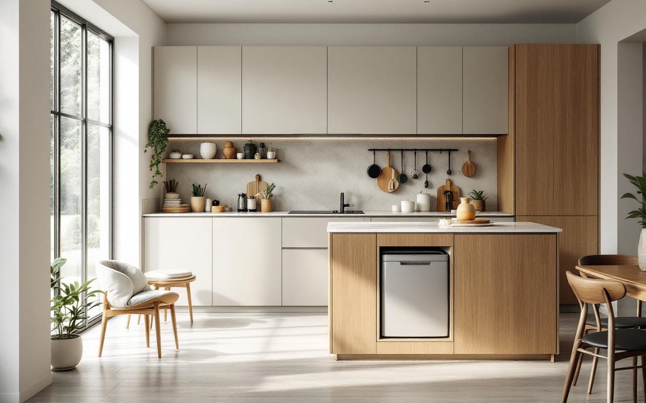 Cuisine contemporaine lumineuse et épurée, avec une poubelle intégrée dans un meuble bas et une circulation fluide entre les espaces.