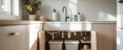 Cuisine moderne et lumineuse avec un meuble sous évier ouvert laissant voir l’aménagement intérieur et une poubelle de tri discrète.