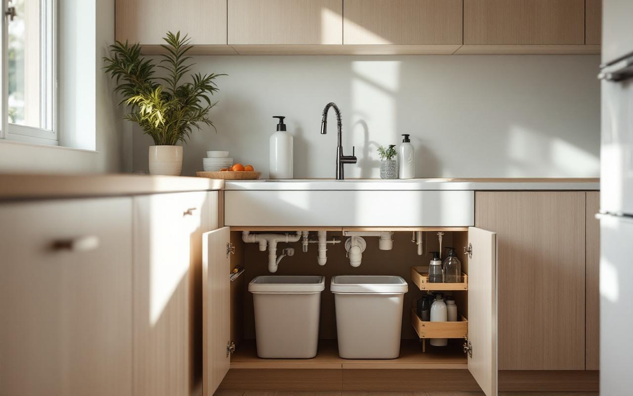 Cuisine moderne et lumineuse avec un meuble sous évier ouvert laissant voir l’aménagement intérieur et une poubelle de tri discrète.