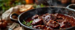 Plat de civet de sanglier fumant dans une cocotte en fonte, sauce au vin rouge et herbes aromatiques, ambiance rustique et chaleureuse.