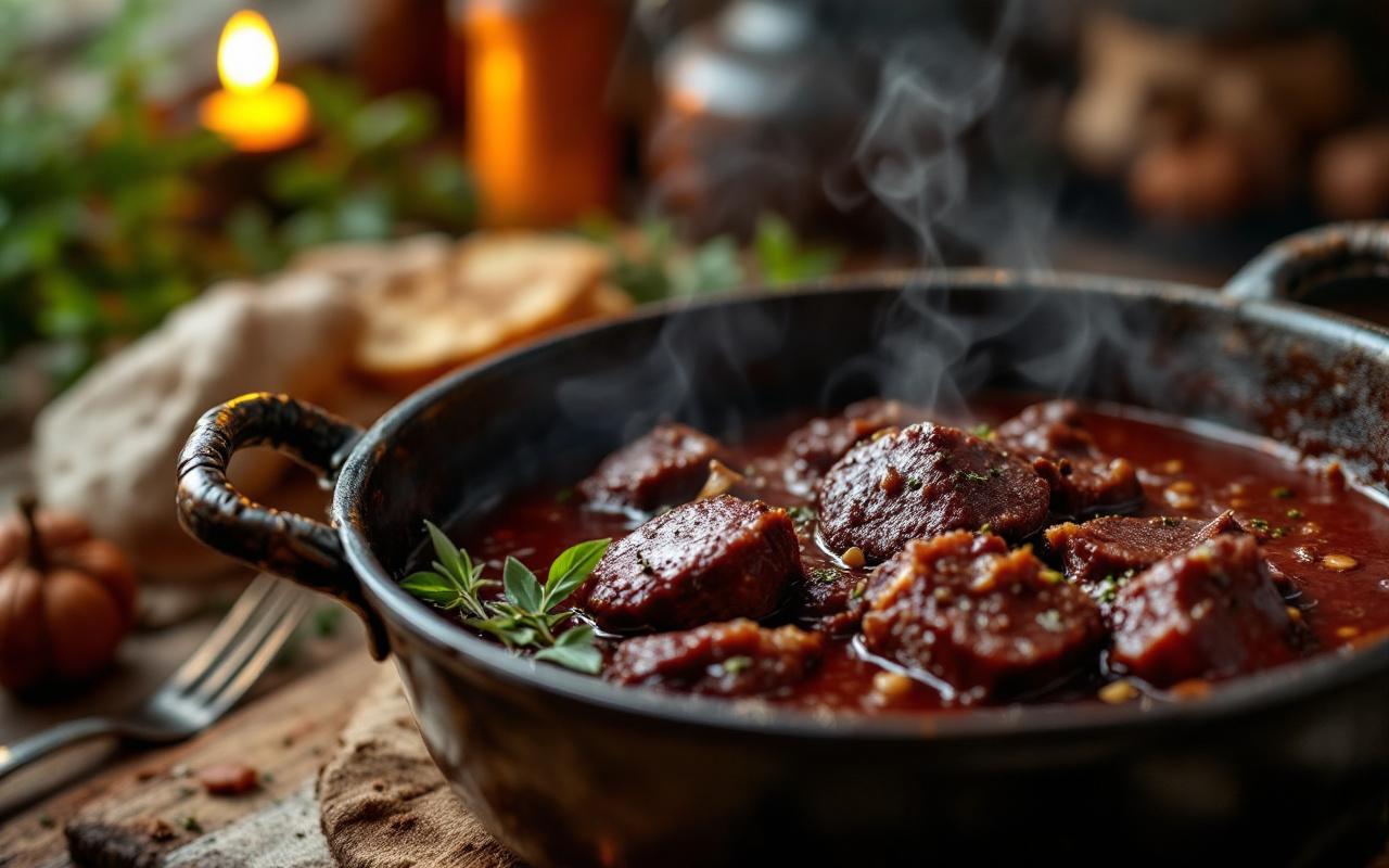 Plat de civet de sanglier fumant dans une cocotte en fonte, sauce au vin rouge et herbes aromatiques, ambiance rustique et chaleureuse.
