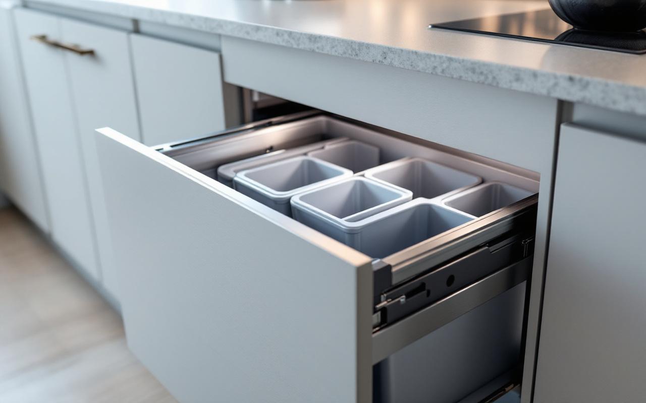 Vue détaillée d’une poubelle coulissante multi-compartiments encastrée sous un plan de travail dans une cuisine design.