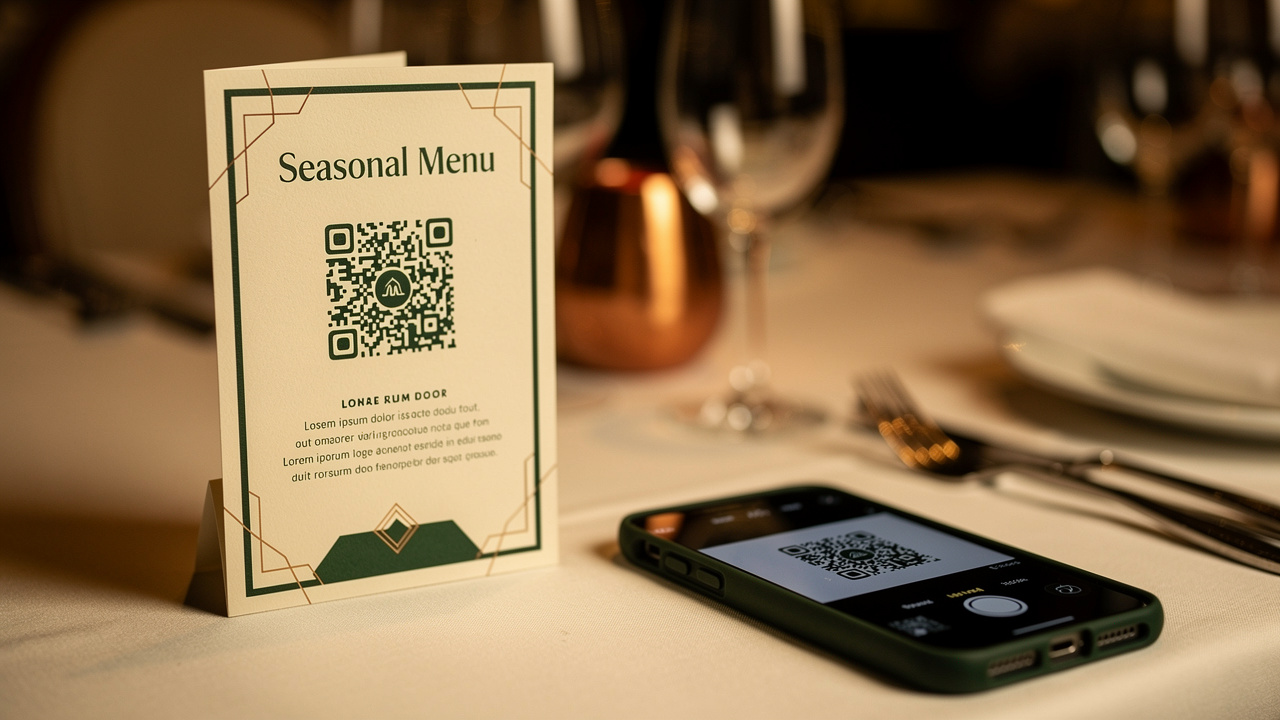 Gros plan sur un chevalet de table élégant présentant une carte de restaurant saisonnière aux motifs géométriques, avec un smartphone placé devant pour effectuer un scan.